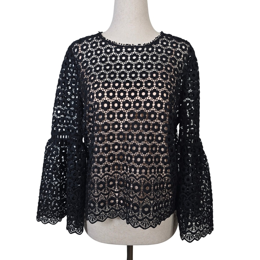 J.Crew Black Guipure Lace Bell Sleeve Top Floral Scalloped Hem Size 4